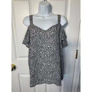 Worthington Black & White Leopard Print Shoulder Cutout Semi-Sheer Blouse Size S
